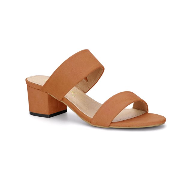 Women's Dual Straps Mid Chunky Heel Slide Sandals Orange 9