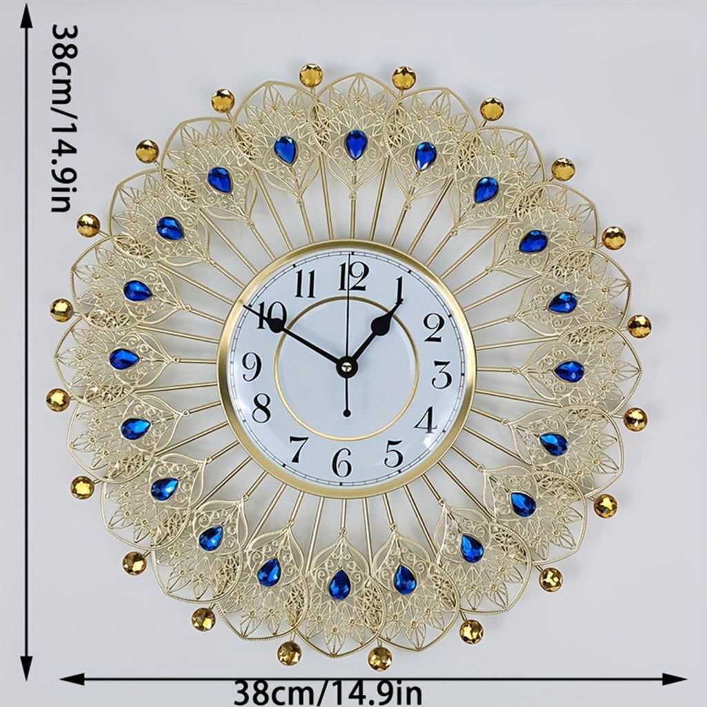 Large Crystal Peacocks Wall Clock Silents None Ticking Battery Operated Modern Decorative for Living Room