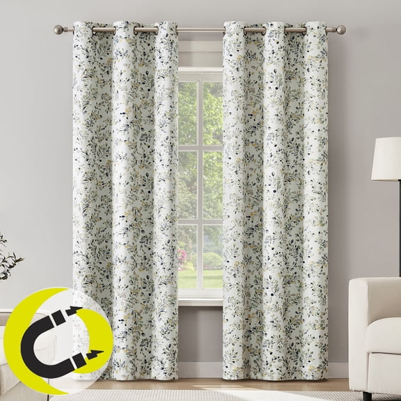 Sun Zero Quincy 2-pack Painted Foliage Magnetic Closure 100% Blackout Grommet Curtain Panel Pair, 40"W x 63"L, Blue