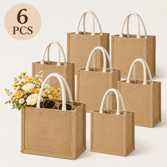 6 PCS Small Jute Tote Bags, Reusable Burlap Gift Bags with Cotton Handles, DIY Craft Bags for Wedding, Party Favors, Shopping, Gifts & Everyday Essentials