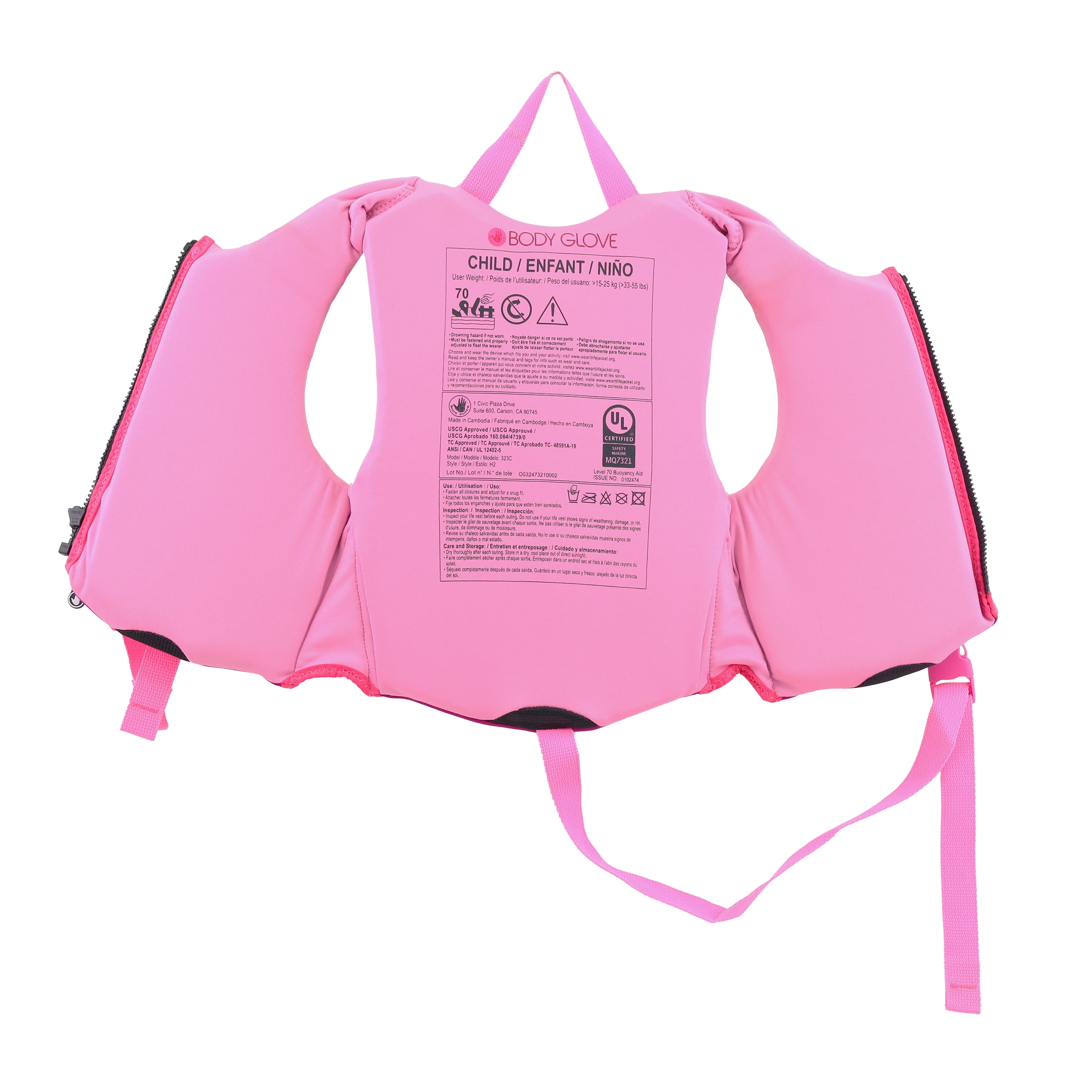Body Glove Child's Neoprene PFD Life Jacket and Vest, Girl, 33-55 lbs., Pink
