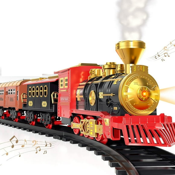 Train Set for Kids Toddlers 3-5, Train with Steam Engine, Cargo Car and Long Track, Rechargeable Battery Play Red Train Toys with Smoke, Light & Sounds, Gift for Boys & Girls 4-7 Years