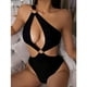 thumbnail image 2 of Traje de baño de triángulo con aros y detalle de aro de acero, perfecto para fiestas en la playa - Conjunto de bikini deportivo de un solo hombro en color negro talla XL, 2 of 6
