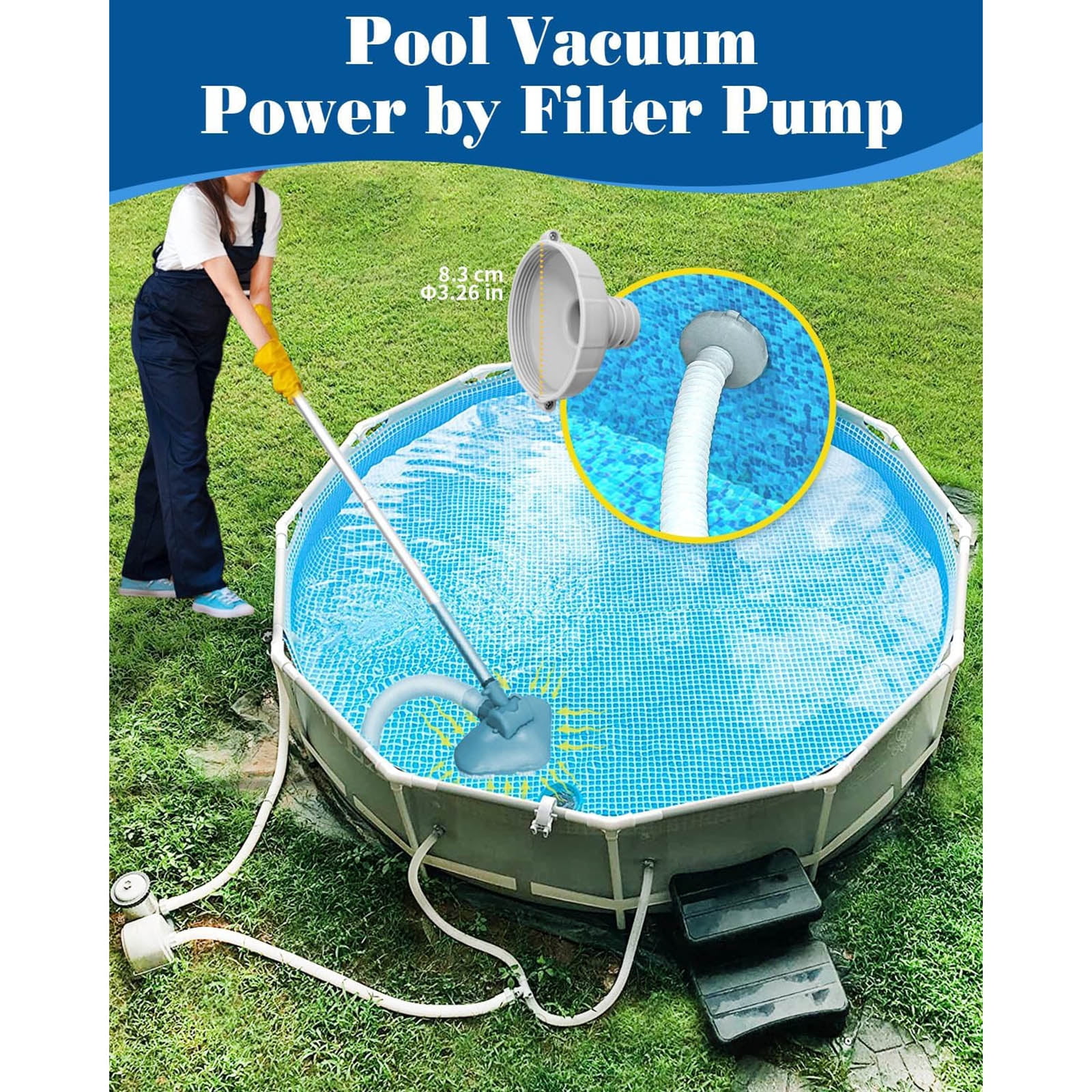 Portable Pool Vacuum Cleaner Kit Above Ground Pool Cleaning Accessories Set with Hose, Vacuum Head & Telescopic Pole, Handheld Pool Filter Vacuum for Clean Water