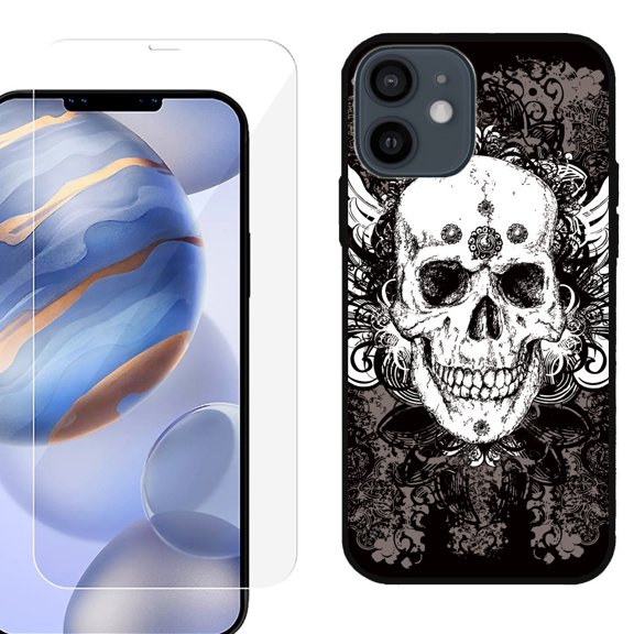 Slim-Fit Protective Phone Case (Black) compatible with iPhone 12 / iPhone 12 Pro, with Tempered Glass Screen Protector, by OneToughShield ® - Grunge Skull