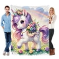 thumbnail image 2 of Charming Unicorn Flannel Blanket Soft Skin-Friendly All-Season Cartoon Themed Throw with Anti-Tear Design Digital Print Knit Fabric for Sofa Bed Car Camping Home Decor Purple Meadow Unicorn, 2 of 7