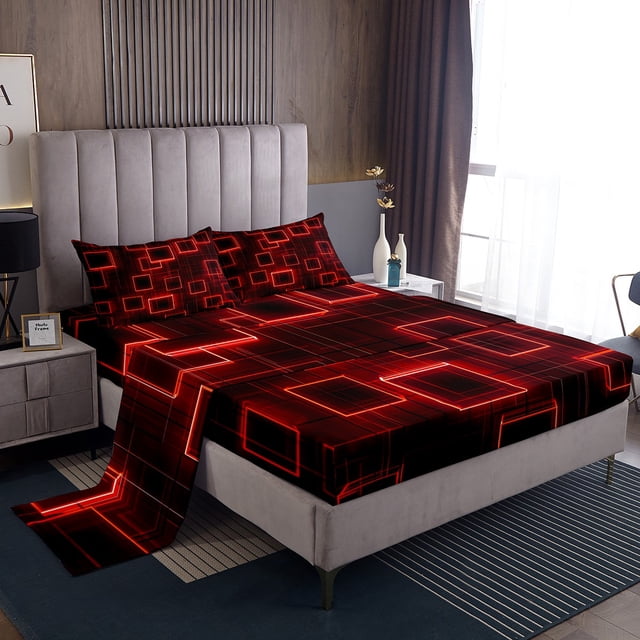 YST Geometry Kids Sheet Set King Size,Red Neon Light Black Sheets Geometric Grid Lines Bed Sheets Set,Modern Abstract Gradient Cubes Bed Set For Boys Girls Adults