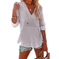 thumbnail image 2 of Women's V-Neck Hooded Beach Cover Up 2026 Lightweight Gauze Hoodie Shirts Loose Drawstring Pullover Tops with Pocket Purple XL, 2 of 7