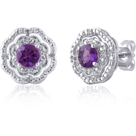 Arista Created Amethyst and Diamond Accent Flower Halo Frame Stud Earrings in Silver Tone Brass