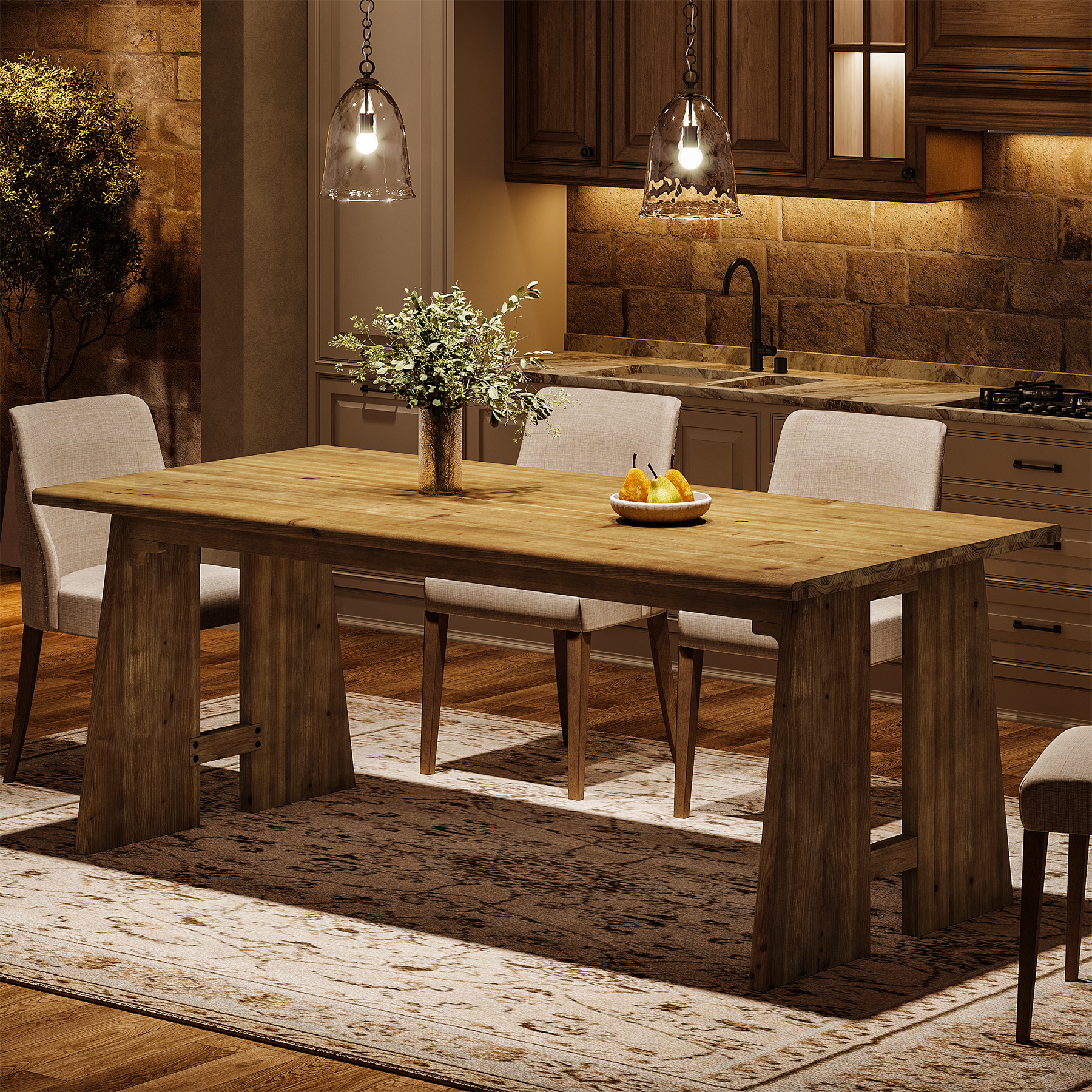 Finmind 70.87" Solid Wood Dining Table for 6-8, Farmhouse Kitchen Table with Sturdy Legs, Rectangle Dinner Furniture for Kitchen, Living Room, Brown