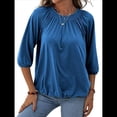 thumbnail image 3 of Camiseta de Cuello Redondo para Mujer, Blusa de Algodón de Media , Mangas 3/4, Informal, Holgada, Plisada, Básica. Azul L, 3 of 7
