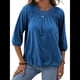 thumbnail image 3 of Camiseta de Cuello Redondo para Mujer, Blusa de Algodón de Media , Mangas 3/4, Informal, Holgada, Plisada, Básica. Azul S, 3 of 7