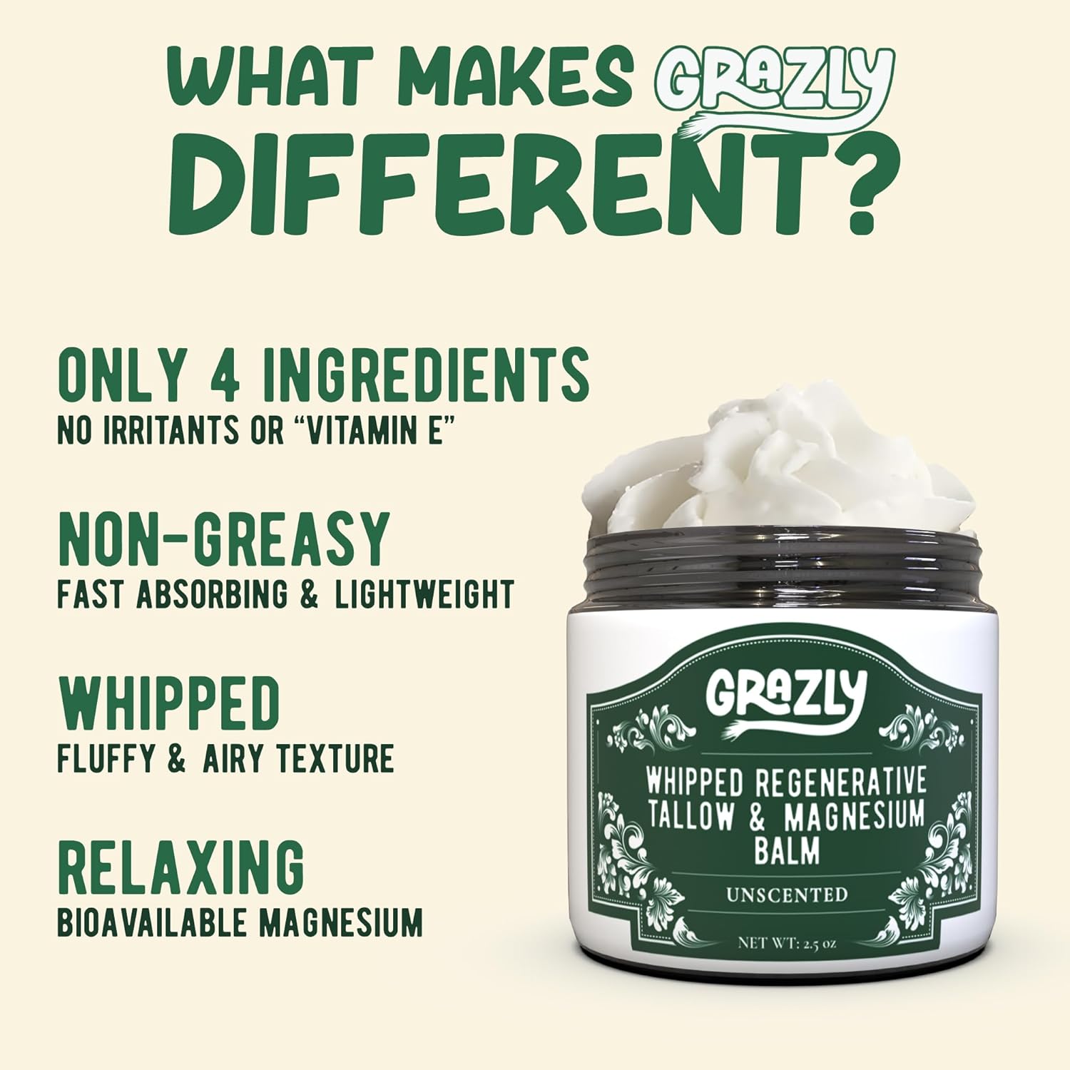 Grazly Whipped Beef Tallow for Skin w/Dead Sea Magnesium, Manuka Honey & Jojoba Oil - Grass Fed Beef Tallow Balm - Body & Face Moisturizer for Dry, Sensitive Skin - Unscented - 2.5oz