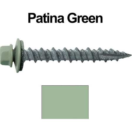 

Metal ROOFING SCREWS: (1000) 10 x 1-1/2 Patina Green Hex Head Sheet Metal Roof Screw. Self starting metal to wood siding screws. EPDM washer. Colored head