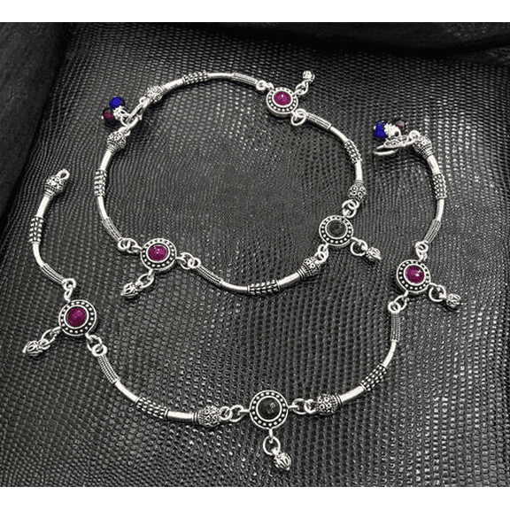 Traditional Oxidised Silver Payal Anklet Set with Multicolor Stones for Women – Antique Indian Jewelry
