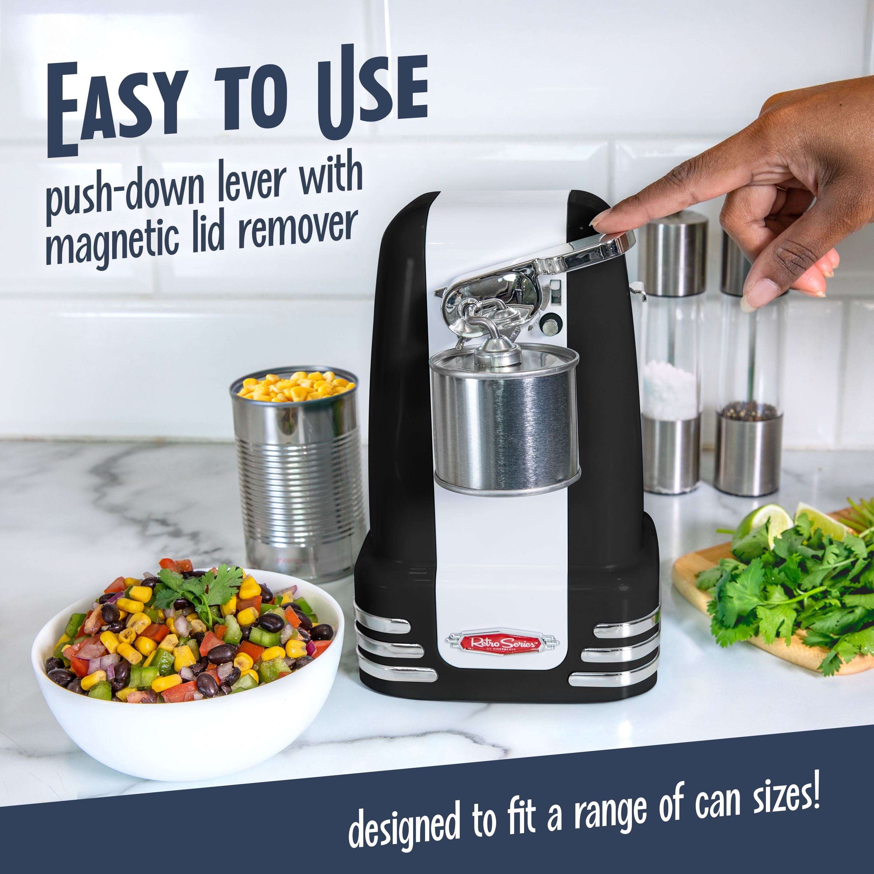 Nostalgia Retro Can Opener, Electric Can Opener with Built-in Knife Sharpener and Bottle Opener, Black