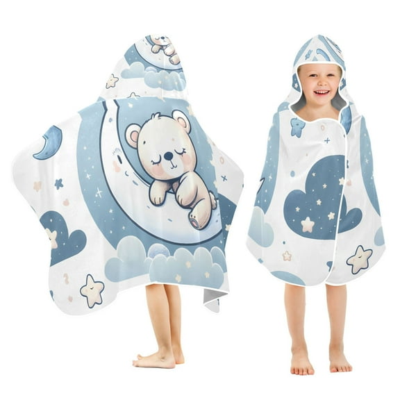 Cute Bear Sleeping on Moon Kids Hooded Beach Towel Baby Bath Poncho Towels with Hood Absorbent 50"x23.5" for Pool Swimming