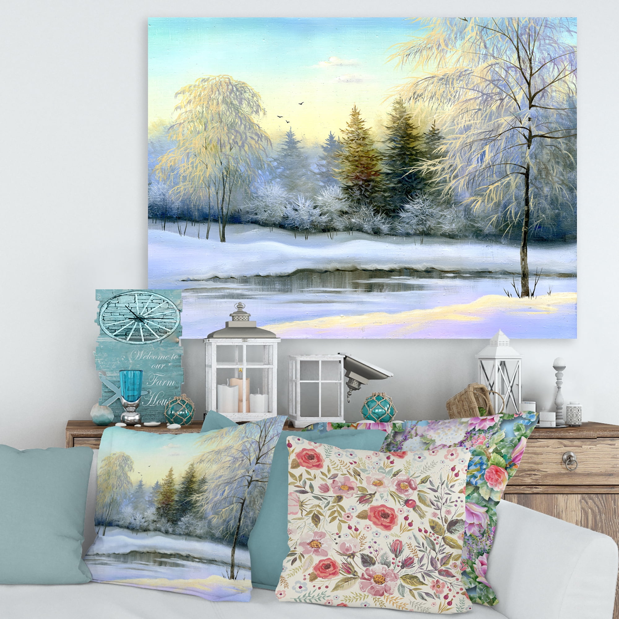 Designart ' Green Trees In Beautiful Winter Snow Landscape ' Traditional Canvas Wall Art Print