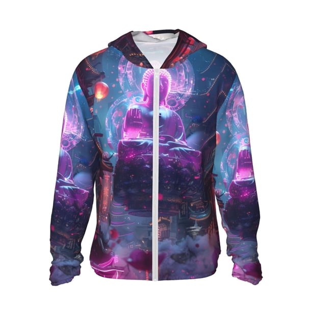 Balery Neon Buddha Cityscape Sudadera ligera de manga larga con capucha y protección solar UPF 50+ para hombre y mujer, ideal para pesca y running-3X-Large