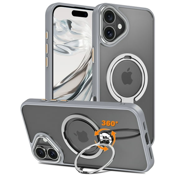 CASEFIV for iPhone 16 Case,360° Rotatable Ring Holder Kickstand,Compatible with Magsafe, Slim Shockproof Translucent Matte Hard Back Soft Edge Anti-Fingerprint,Gray