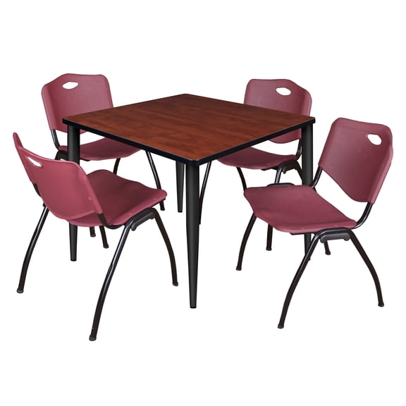 Romig Arco 36 in. Square Breakroom Table- Cherry Top, Black Base & 4 M Stack Chairs- Burgundy