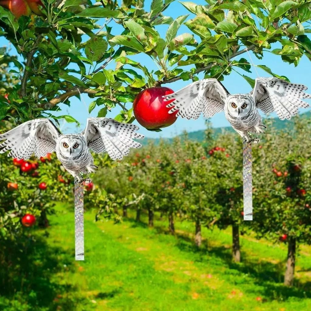 AOOOWER Double Sided Bird Scarer Device Owl Decorations with Reflective Strips and Bells to Scare Birds from Trees