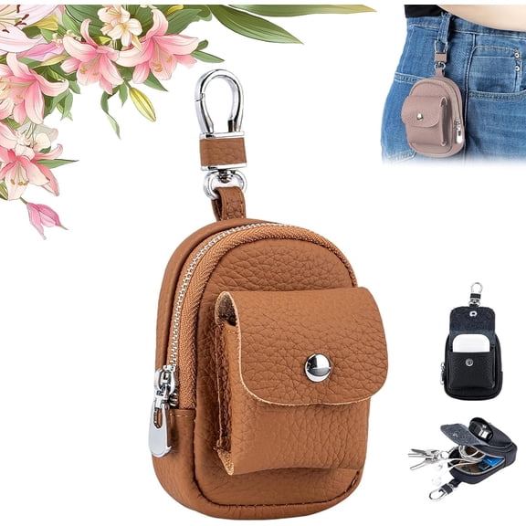 Genuine Leather Mini Backpack Keychain, Cute Travel Coin Purse & Makeup Bag, Coin Purse Keychain for Women (Earth yellow)