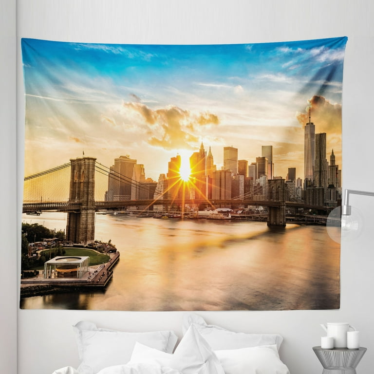 New York Tapestry Cityscape of Brooklyn Bridge and Manhattan River Center of Culture Photo Fabric Wall Hanging Decor for Bedroom Living Room Dorm 5