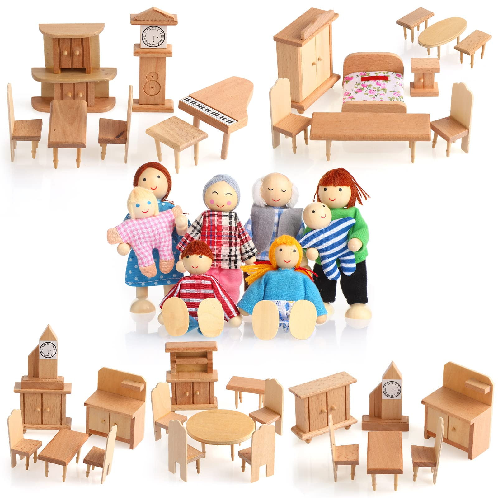 42 Pieces Miniature Wooden Dollhouse Furniture Doll House Furnishings