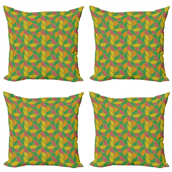 Leaves Throw Pillow Cushion Case Pack of 4, Rhythmic Colorful Arrangement of Fall Foliage Tree Leaf Motifs Illustration, Modern Accent Double-Sided Print, 4 Sizes, Khaki Multicolor, by Ambesonne