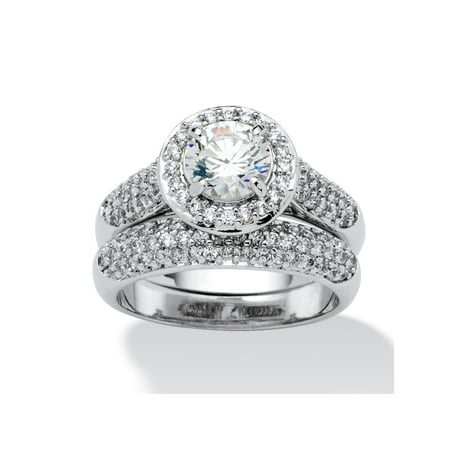 Platinum Pave Set Diamond Band - 2.30 TCW Round Cubic Zirconia Pave Platinum-Plated Bridal Engagement Ring Wedding Band Set