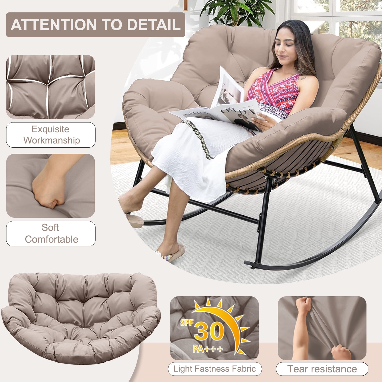 XXLYY Outdoor Rocking Chair Cushions – 6.3" Thick Waterproof Papasan Egg Chair Pad with Ties, Comfortable Round Seat Cushion for Living Room, Patio, Porch, or Balcony
