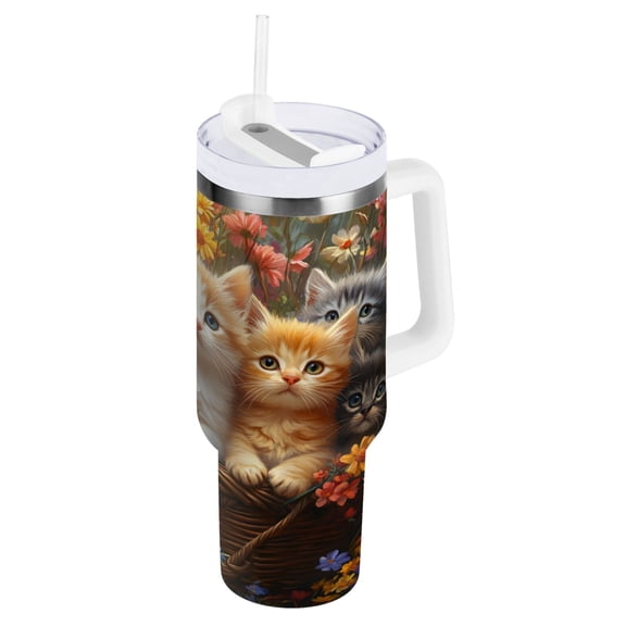 Ryvnso 40 oz Tumbler with Handle and Straw Insulated Stainless Steel Travel Mug with Lid Cute Cats