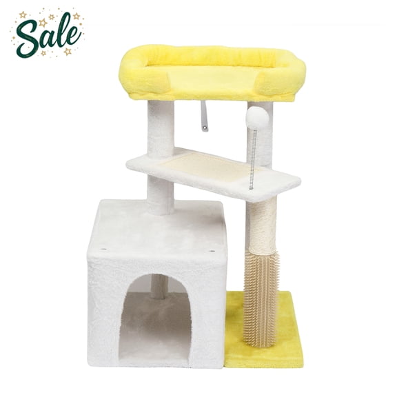 IVV 26.7" Cat Tree, Three-Level Cat Tower with Condo, Scratching Post & Board, Top Bed and Toy Ball for Indoor Cats and Kittens, White & Yellow