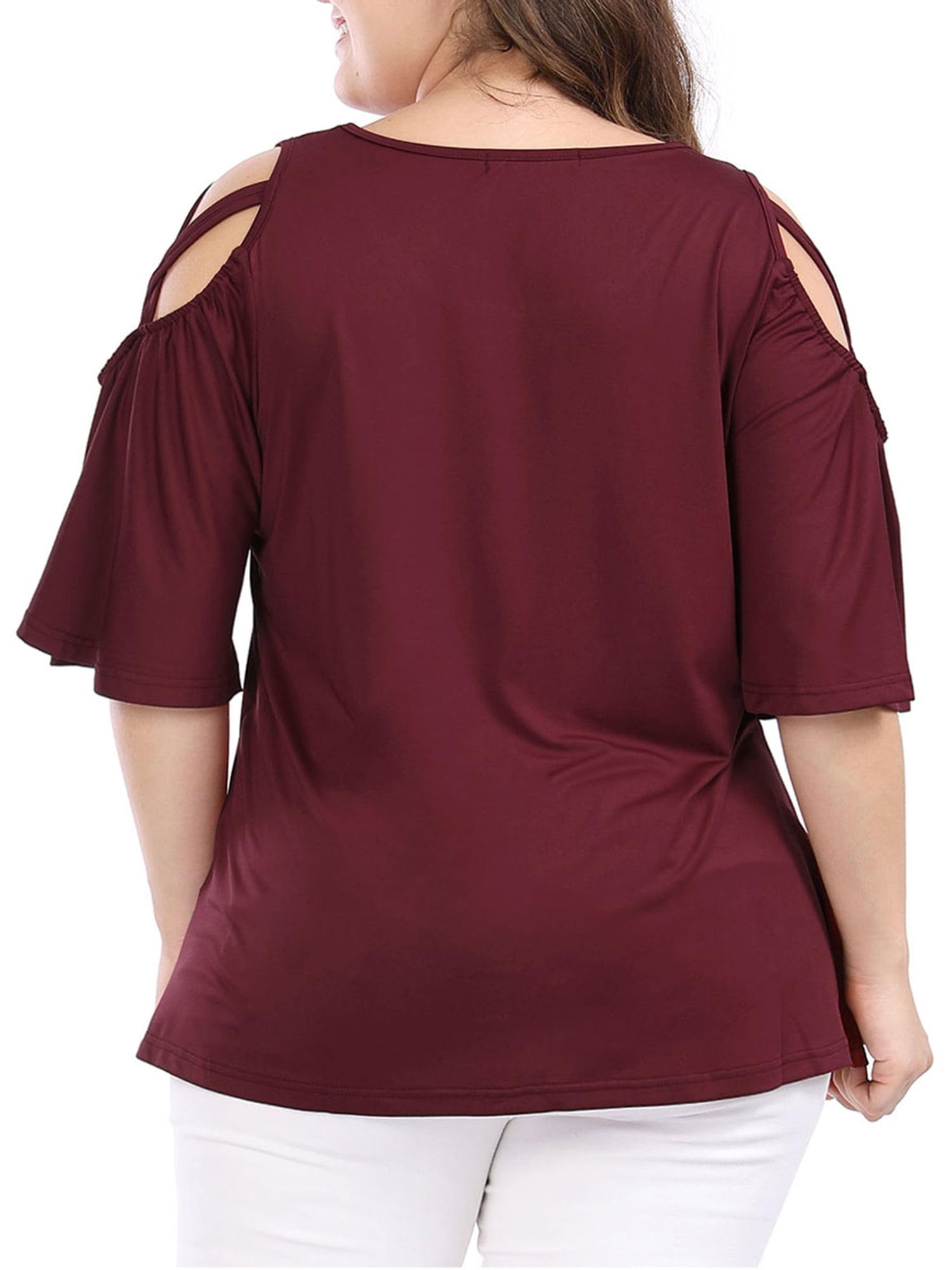 DARING DIVA Women's Plus Cold Shoulder Bell Casual Sleeve Top 1X Red
