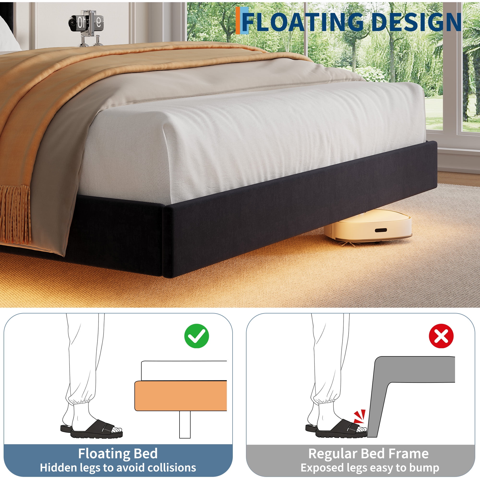 Modern Platform Bed with LED Lights & Storage - Upholstered Headboard, Noise Free, Full size