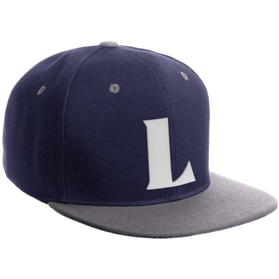 Daxton Classic Snapback Hat 3D Capital Alphabet Letters Flat Bill Visor Cap, Navy Light Grey Hat White Letter L