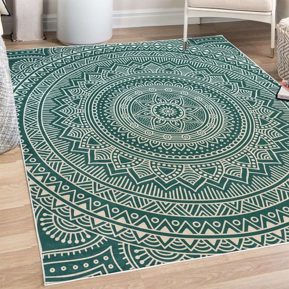 Mandala Decorative Rug, Abstract Floral Design with Themes Native South East Folkloric Illustration, Quality Carpet for Bedroom Dorm and Living Room, 6 Sizes, Jade Green, by Ambesonne