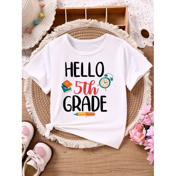 1pc Kids' Casual Short Sleeve T-Shirt - Breathable Knit Cotton, Round Neck Top with "Hello 5th Grade" Back Print & School icons - Back-to-School outfit for Boys & Girls