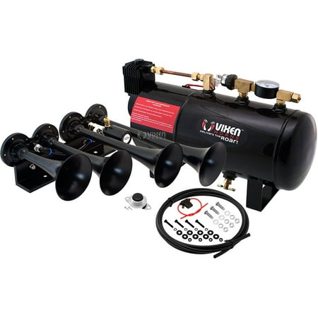 Vixen Horns Loud 149dB 4/Quad Black Trumpet Train Air Horn with 1 Gallon Tank and 150 PSI Compressor Full/Complete Onboard System/Kit