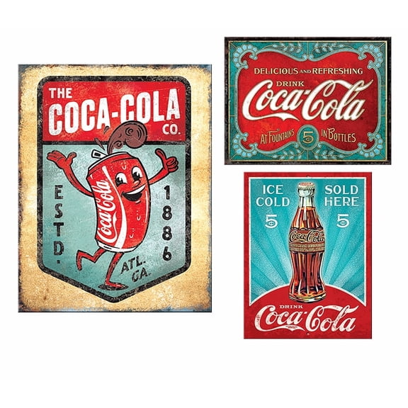 Desperate Enterprises Set of 3 Coca-Cola Tin Wall Signs Vintage Metal Decor for Kitchen, Diner, Garage or Game Room
