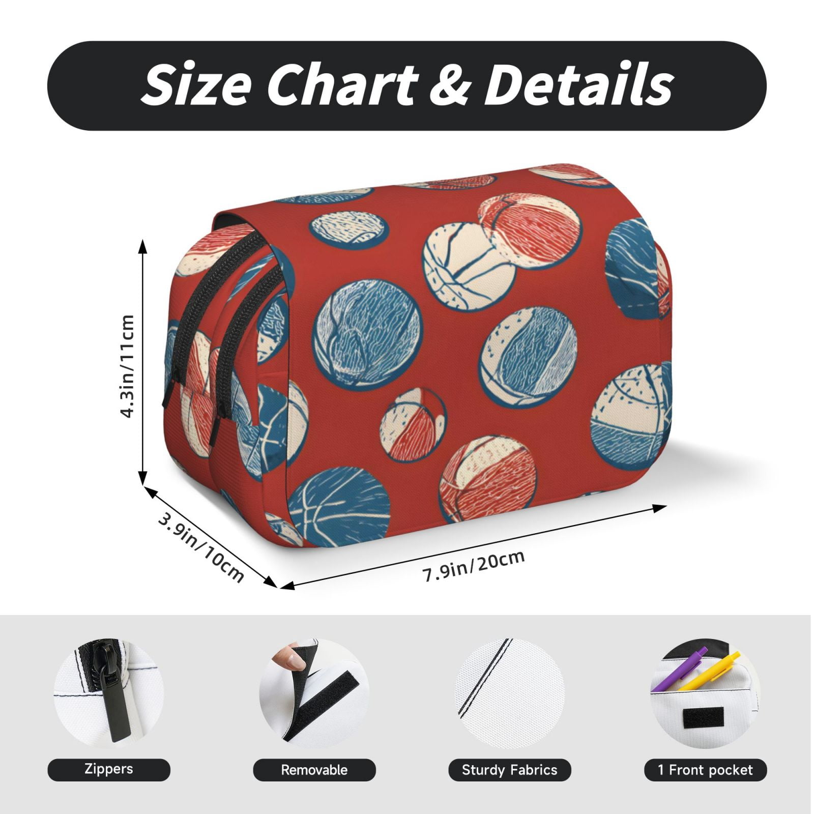 Large-Capacity Flip-Top Double-Layer Pencil Case, Multi-Functional Pocket Pen Case, Durable Stationery Organizer Basketball Theme Seamless Pattern