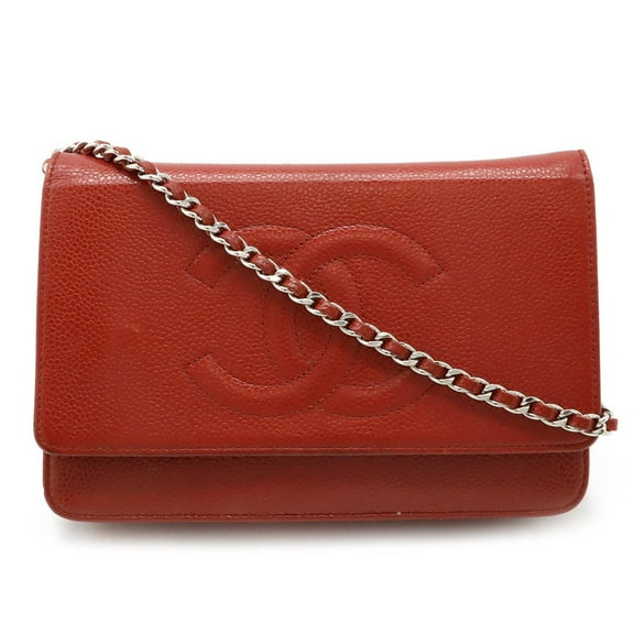 Pre-Owned CHANEL Coco Mark Caviar Skin Chain Wallet Shoulder Bag Leather Red 8654