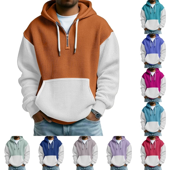 Men's Versatile Daily Quarter-Zip Hooded Waffle Knit Sweatshirt, Thickened Fleece Texture Pullover, Fall Spring Casual Wear,Blue,L