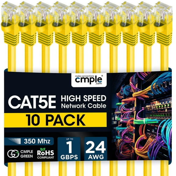 Cmple - 10 Pack Cat5e Ethernet Cable 5ft Computer Router Cables with RJ45 Connectors 1Gbps Ethernet Patch Cord 350Mhz Lan Wire - Yellow