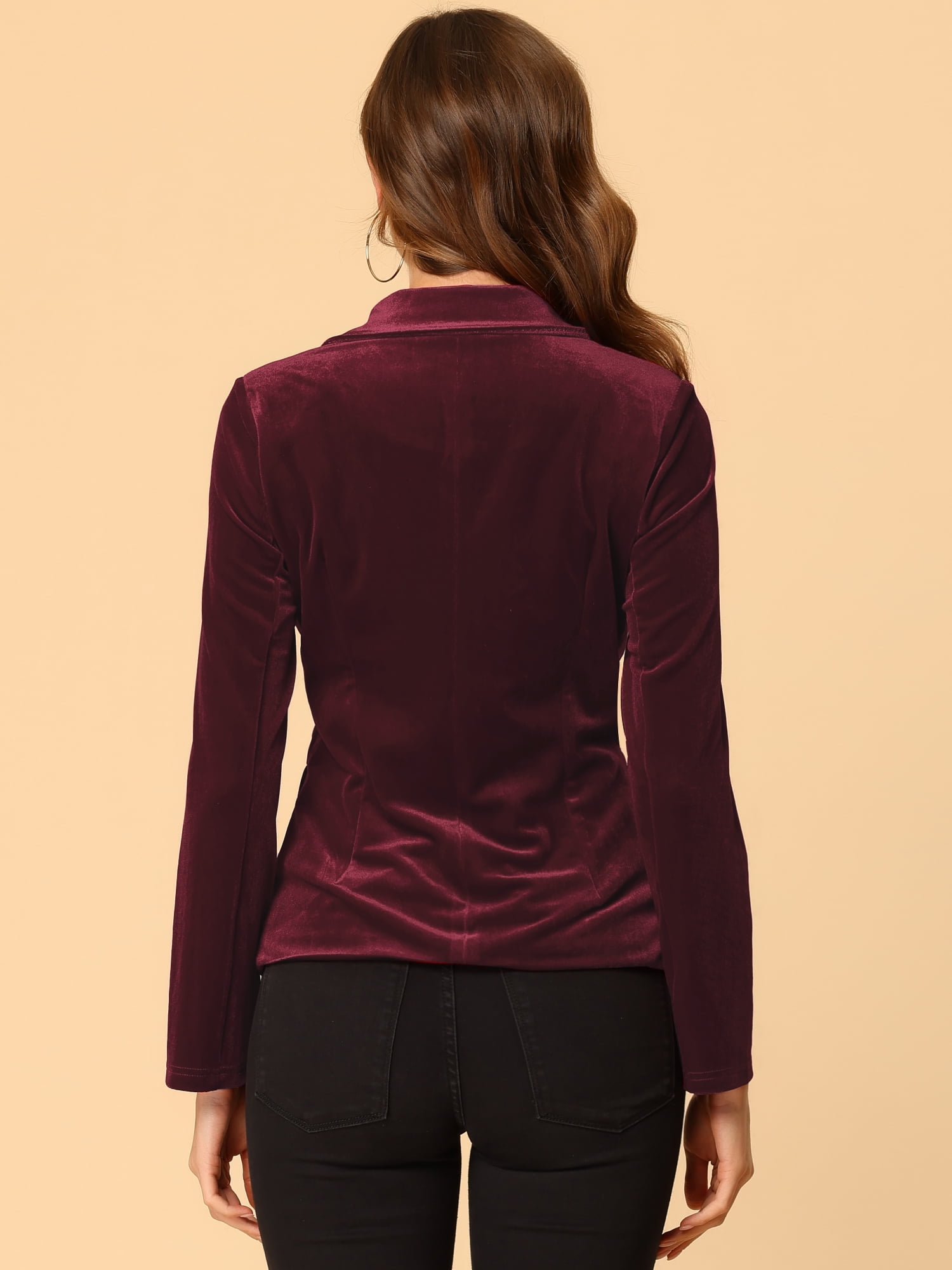 DARING DIVA Women's Notched Lapel Button Front Office Velvet Blazer M Dark Red