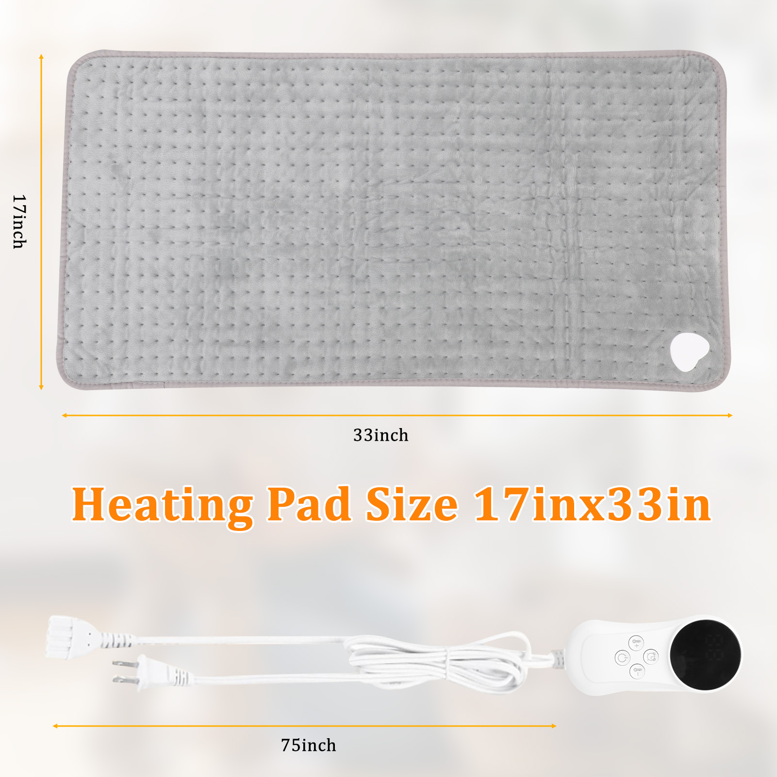17x33in Heating Blanket  for Back Shoulders, , Fast-Heating, Soft Machine Wash Fabric with 9 Heat Settings, Auto Shut Off, Gray