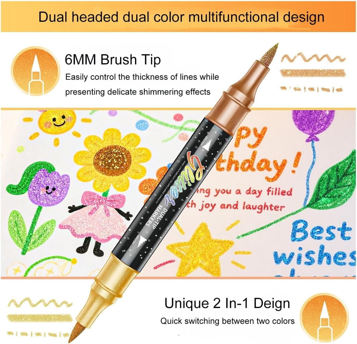 24/48/72/96 Colors Glitter Effect Brush Markers,Metallic Glitters Dual Tip Marker for Cards,2-In-1 Quick-Drying Large Capacity Pen (72)
