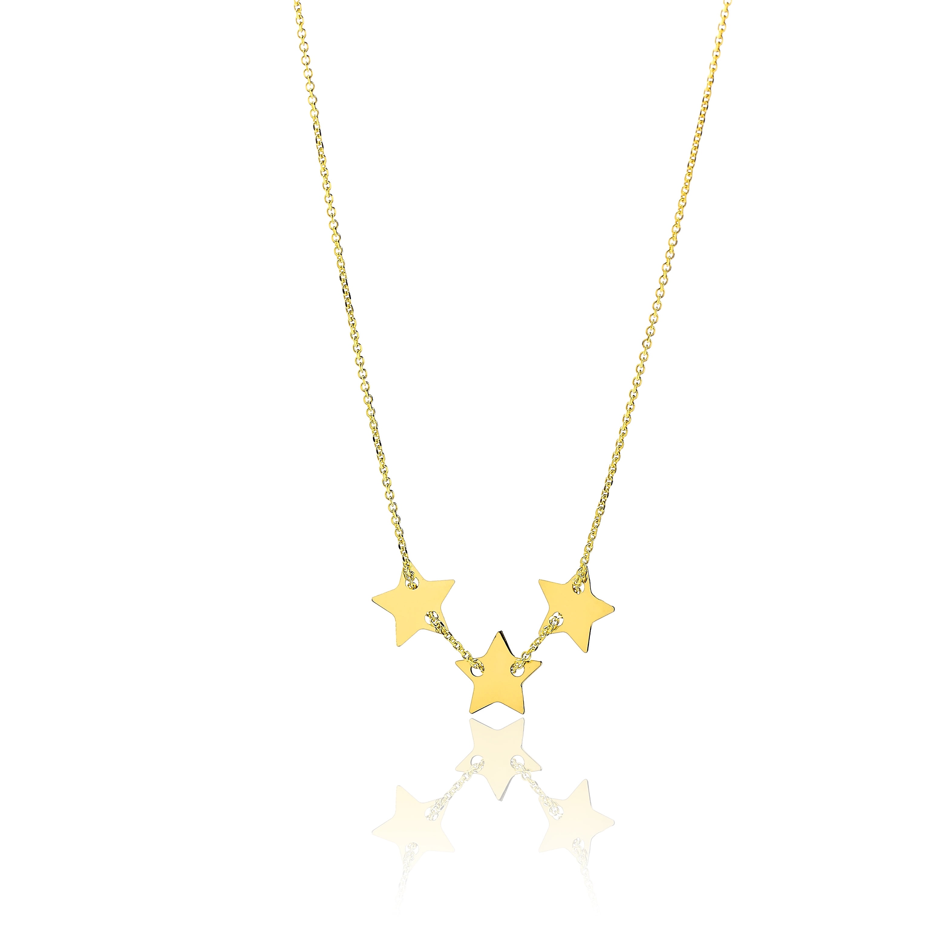 14K Yellow Gold 16" 18" Extendable Fine Three Star Charms Pendant