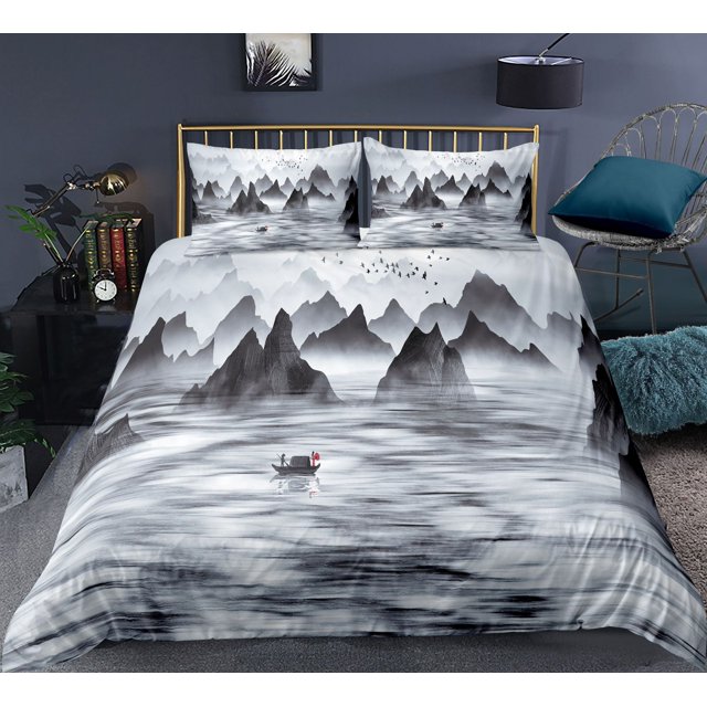 Landscape Painting Bedding Set Scenery Soft Bed Linen Home Decor Single Twin Full Size For Adults Ink And Wash Duvet Cover Set
